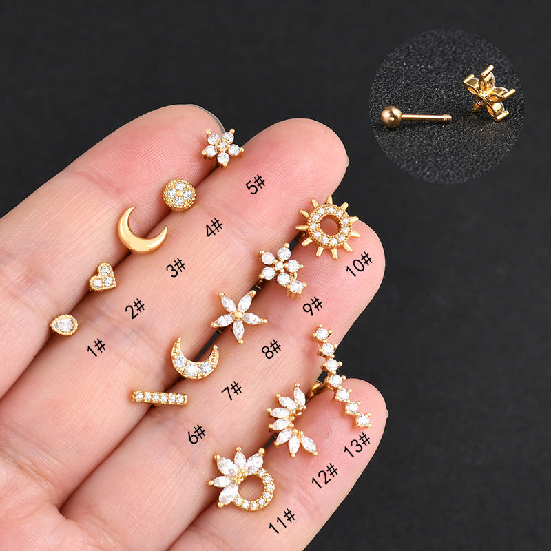 1 Piece Streetwear Moon Heart Shape Flower Stainless Steel Copper Plating Inlay Zircon Ear Studs