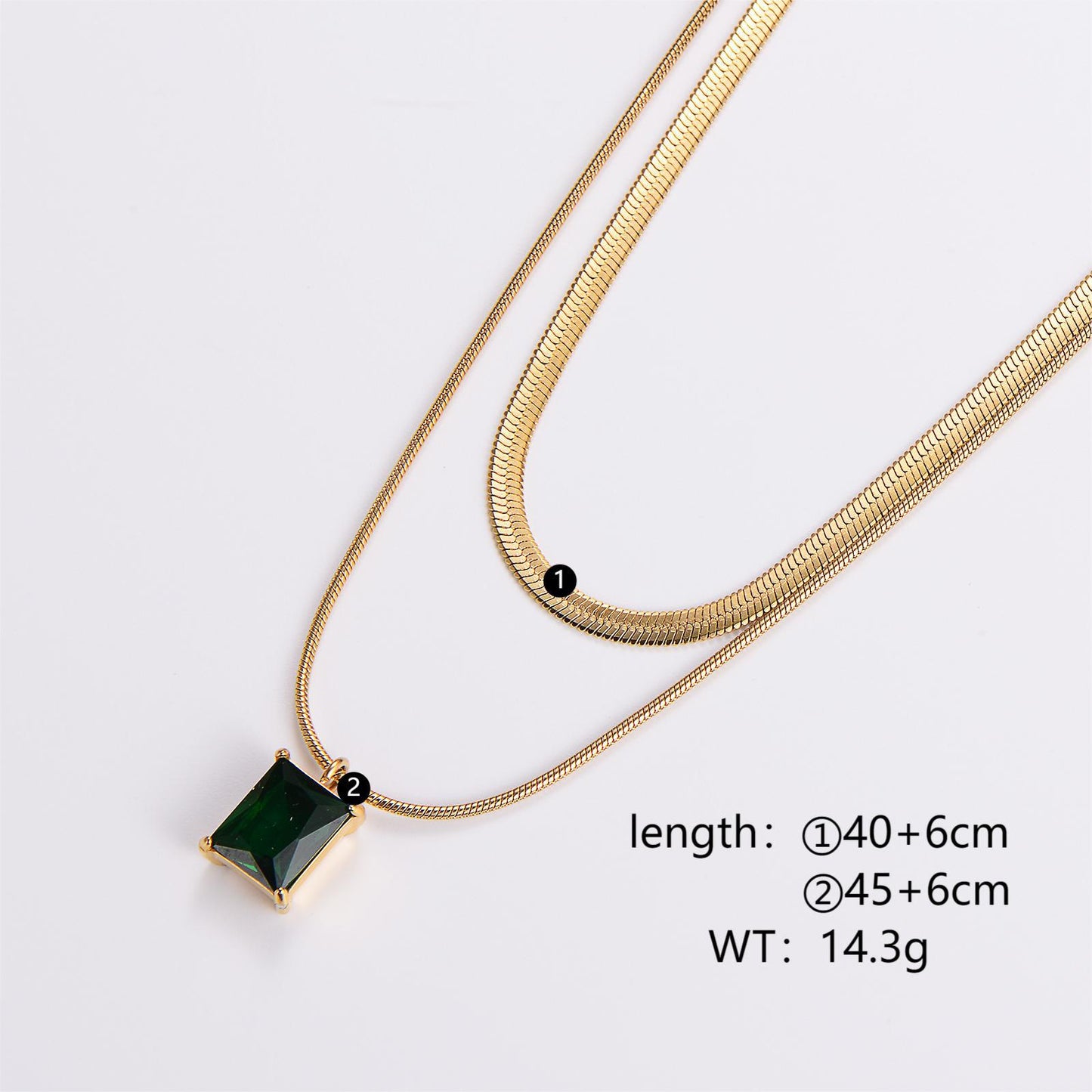 18k Gold Plated Rectangle Zircon Pendant Necklace with Double Layer Green Zircon Chain