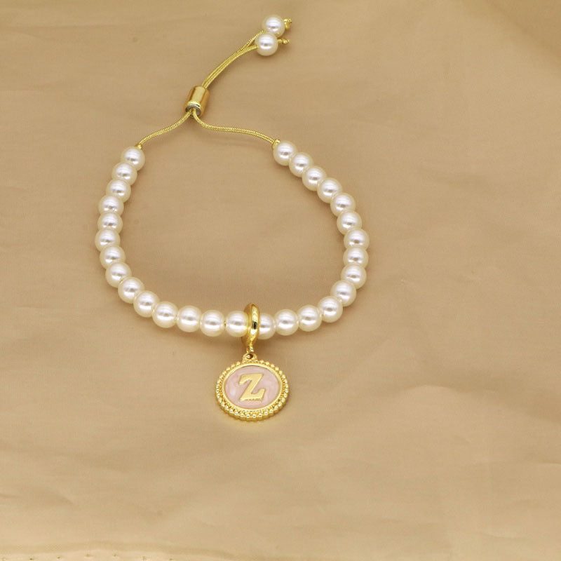 18K Gold Plated Adjustable Letter Pendant Imitation Pearl Bracelet