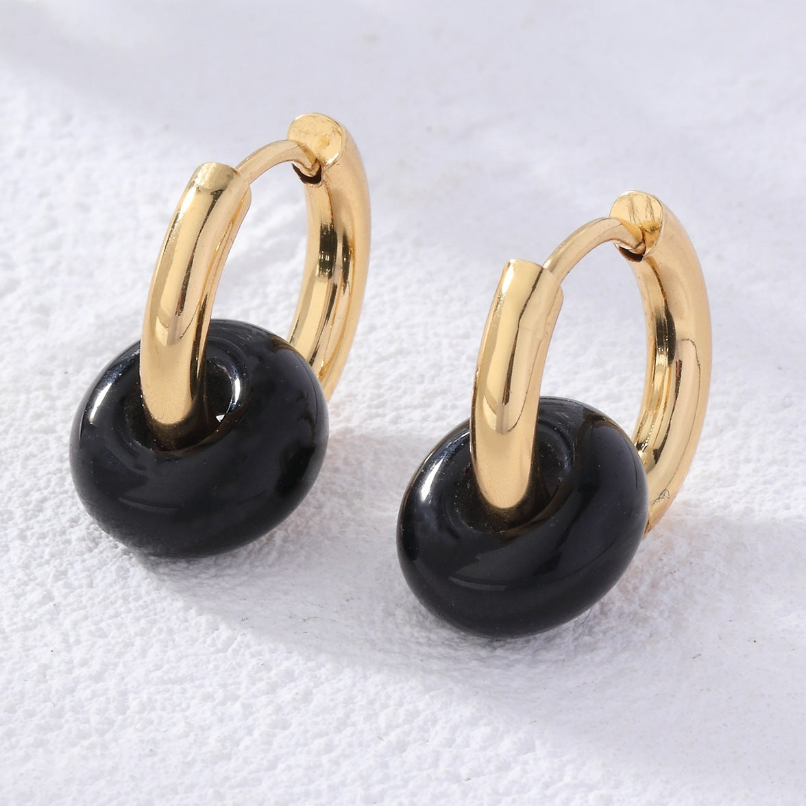 Retro Round Plating Stainless Steel Natural Stone Hoop Earrings