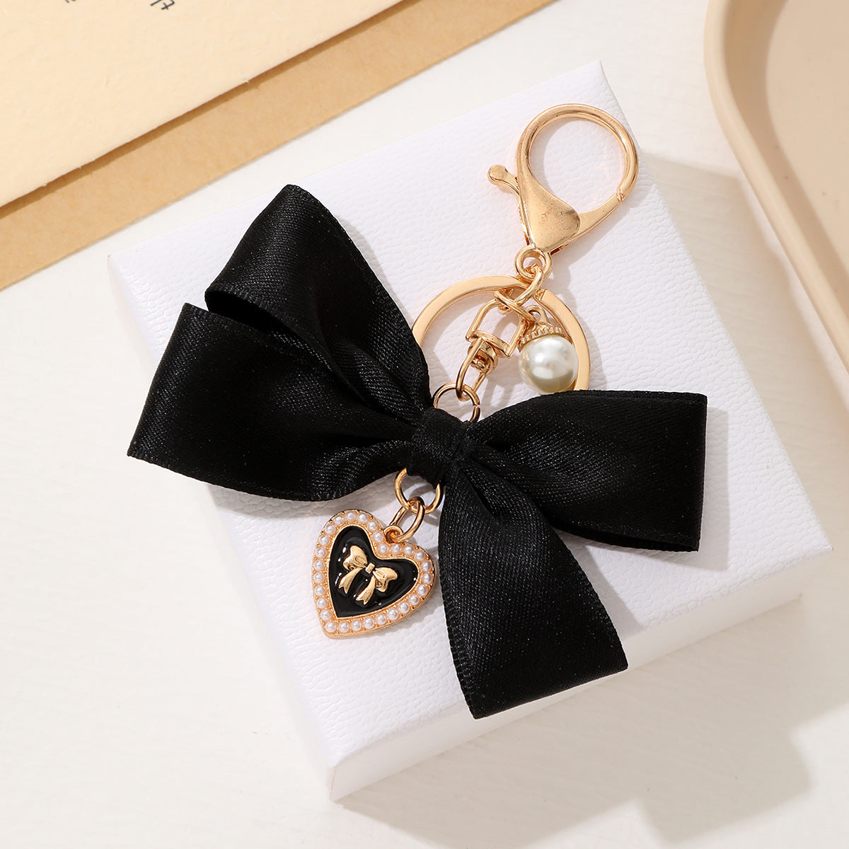 Sweet Heart Bow Knot Fabric Pendant Keychain for Women