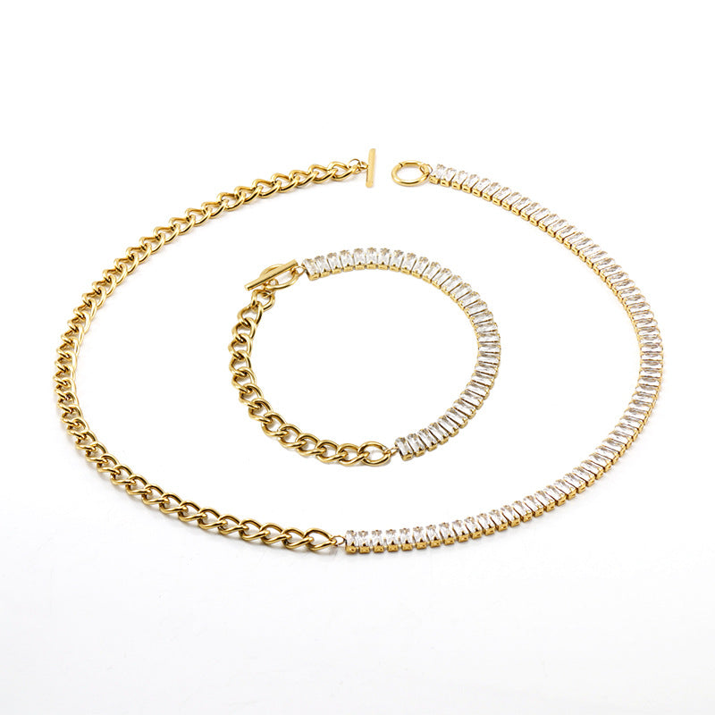 Fashion Geometric Gold Plated Rhinestone Stainless Steel Necklace and Bracelet Set