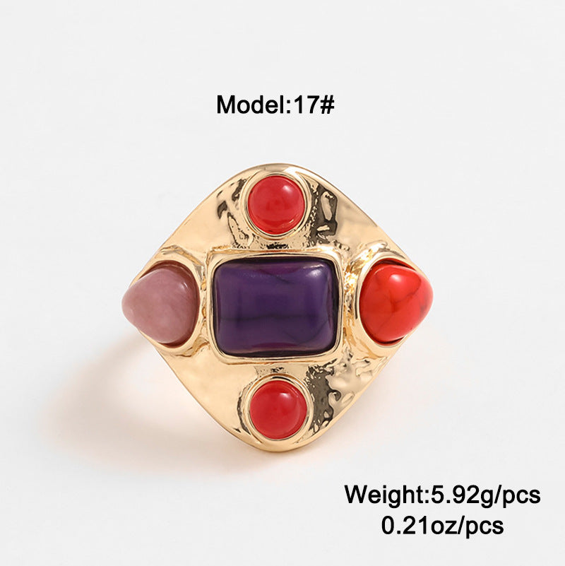 Vintage Geometric Alloy Semi-precious Stone Inlay Rings with Turquoise and Tiger Eye Design