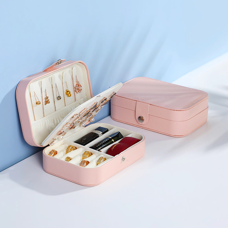 Simple Style PU Leather Double Layer Jewelry Box with Earring Holder - Multiple Colors Available