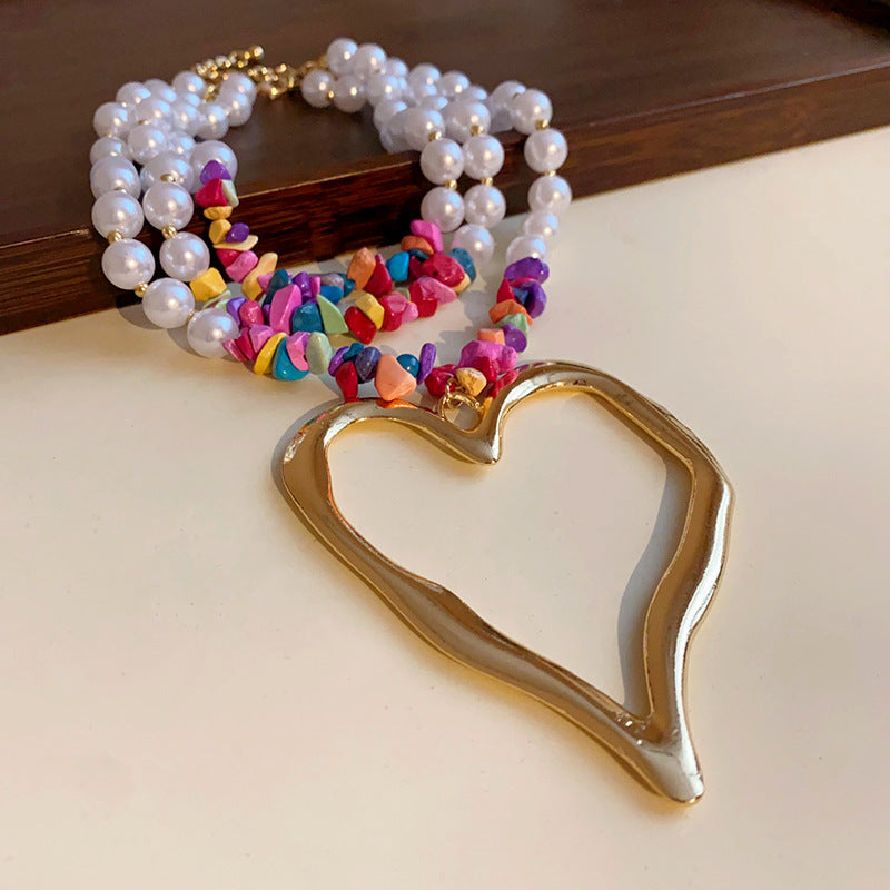 Glam Heart Shape Imitation Pearl Beaded Pendant Necklace