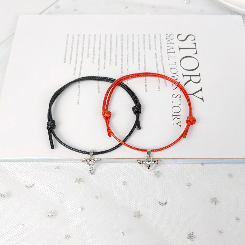 Alloy Heart Key Lock Wing Couple Bracelet Set