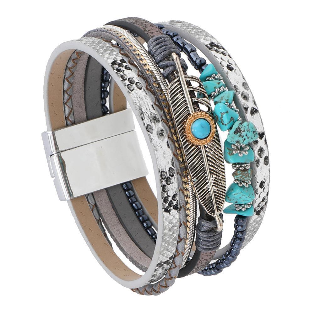 Retro Multi-Layer Turquoise Feather and Leopard Print PU Leather Bracelet Set