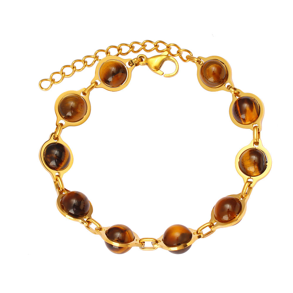 18K Gold Plated Stainless Steel Agate and Tigereye Bohemian Beaded Bracelet