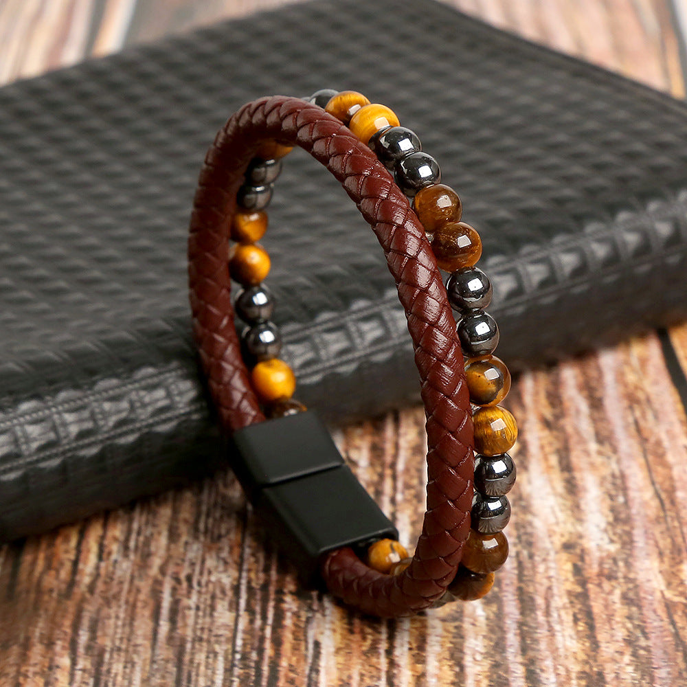 Geometric Natural Stone Leather Multi-Layer Men's Bracelet