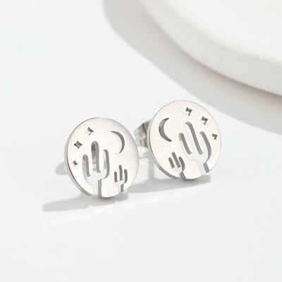 Simple Style Cactus Star Moon Stainless Steel Plating Hollow Out Ear Studs 1 Pair