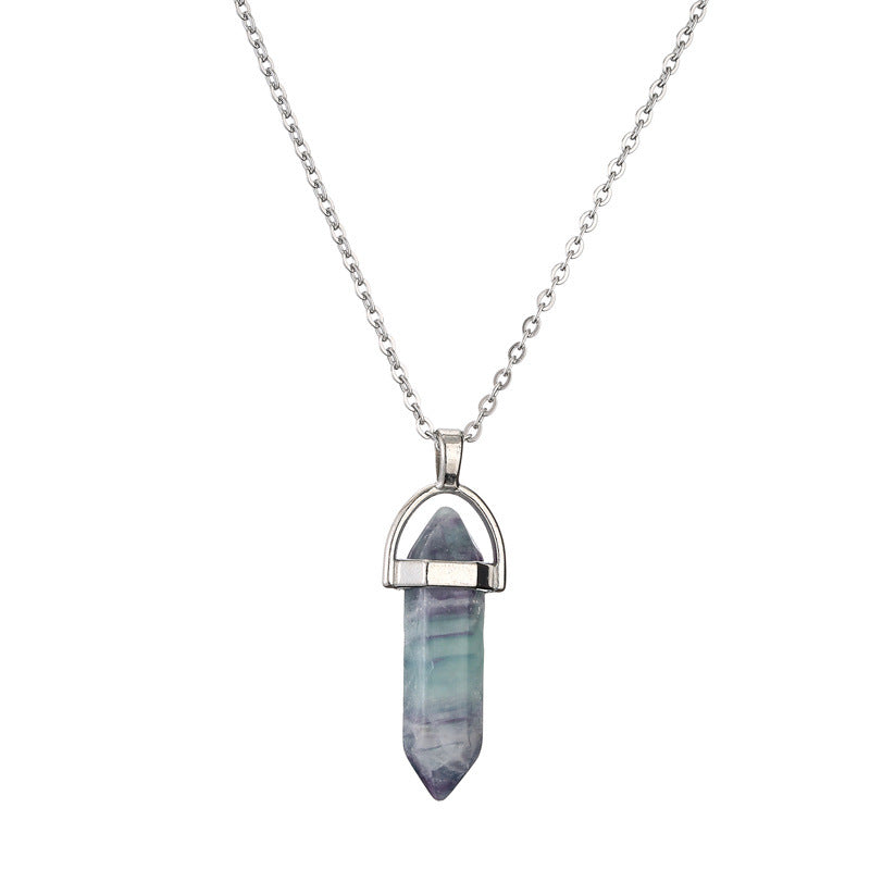 Ethnic Geometric Stainless Steel Natural Stone Crystal Pendant Necklace