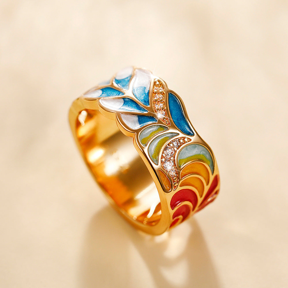 Retro Copper Enamel Zircon Punk Ring with Porcelain Pattern