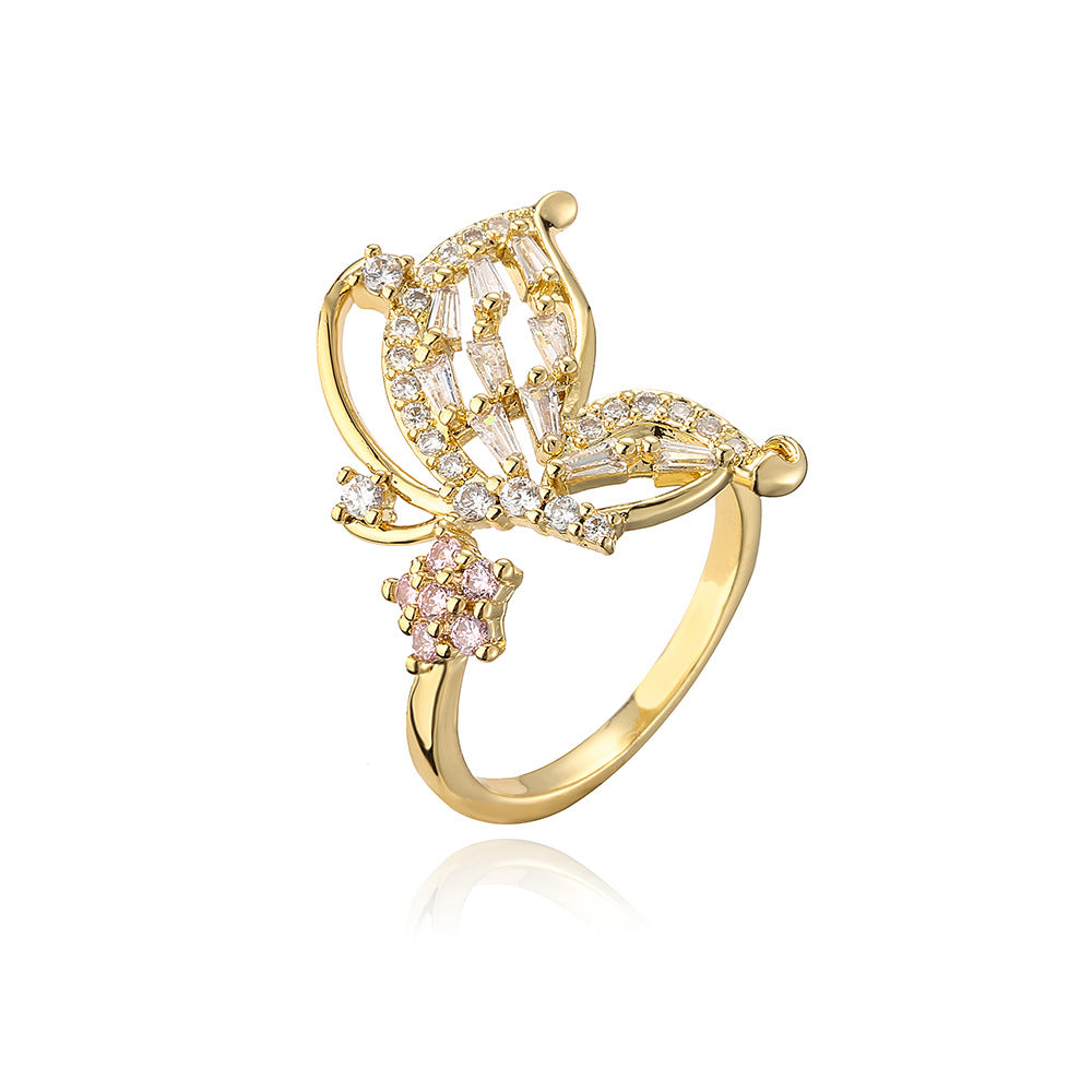 Fashion Geometric Butterfly Zircon Gold Plated Open Ring