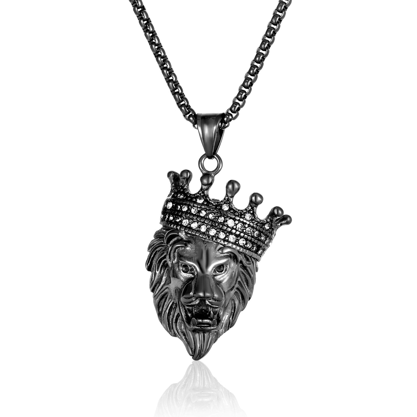 304 Stainless Steel Lion Pendant Necklace with Crown and Rhinestones - Modern Punk Style