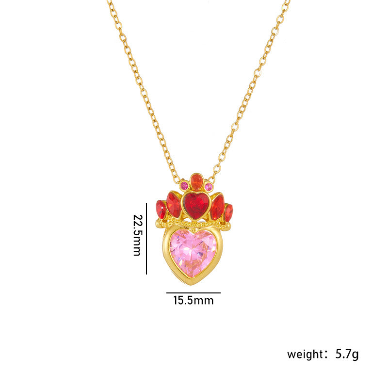 Gold Plated Heart Crown Pendant Necklace - Titanium Steel Pink Clavicle Chain