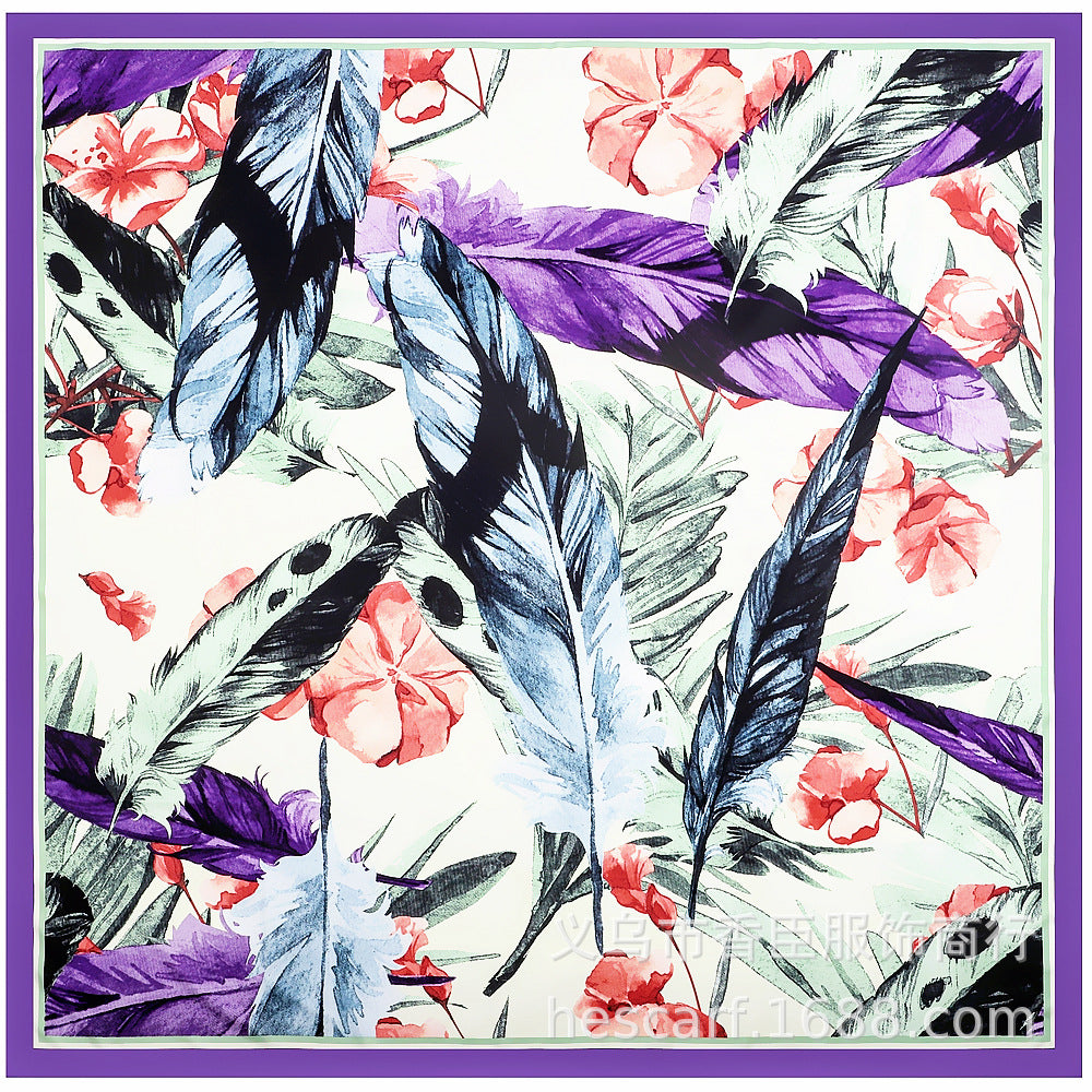 Indian Feather Floral Carriage Silk Twill Square Scarf Shawl 130cm*130cm