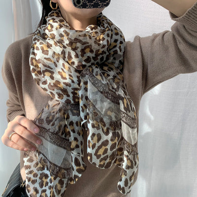 Women's Elegant Leopard Print Silk Wool Blend Scarf Shawl