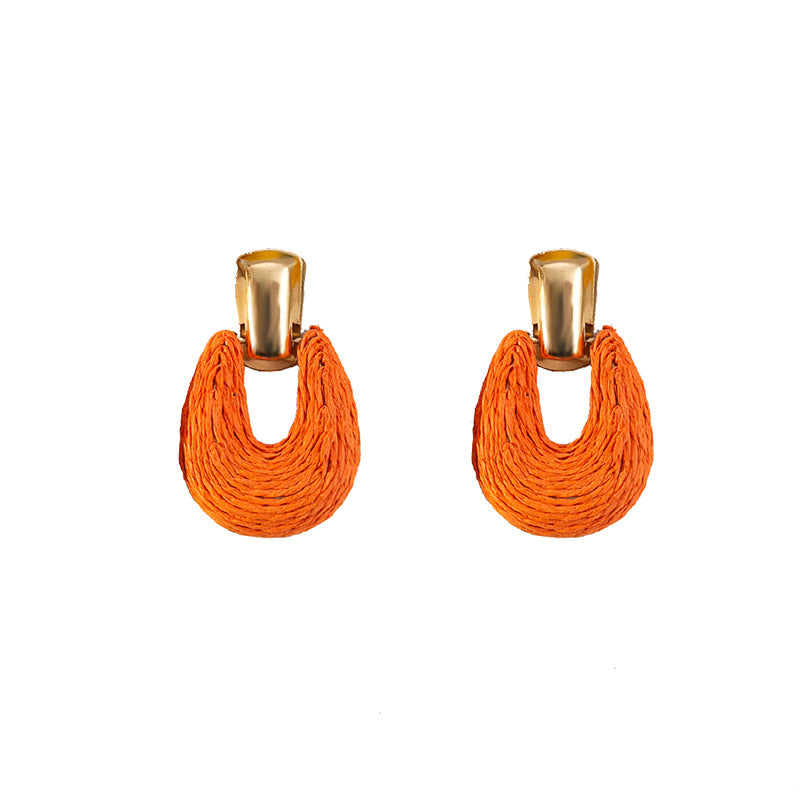 Retro Geometric Raffia Woven Drop Earrings