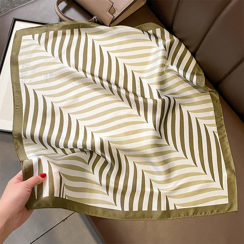 Women's Elegant Stripe Silk Scarf - Green Square Design