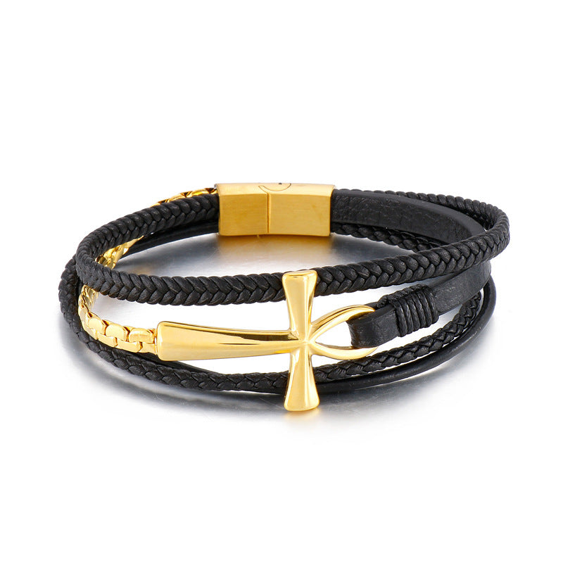 Fashion Cross Cowhide Leather Men's Bracelet with Ankh Charm