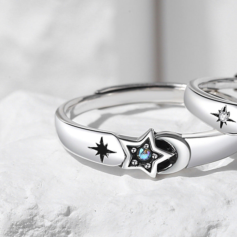 Classic Star and Moonstone Sterling Silver Open Ring Set