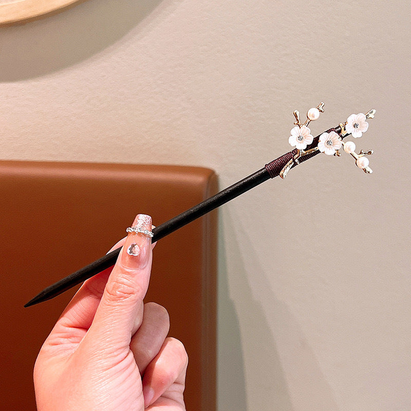 Women's Ethnic Floral Wood Inlay Gemstone Rhinestone Hairpin with Tassels