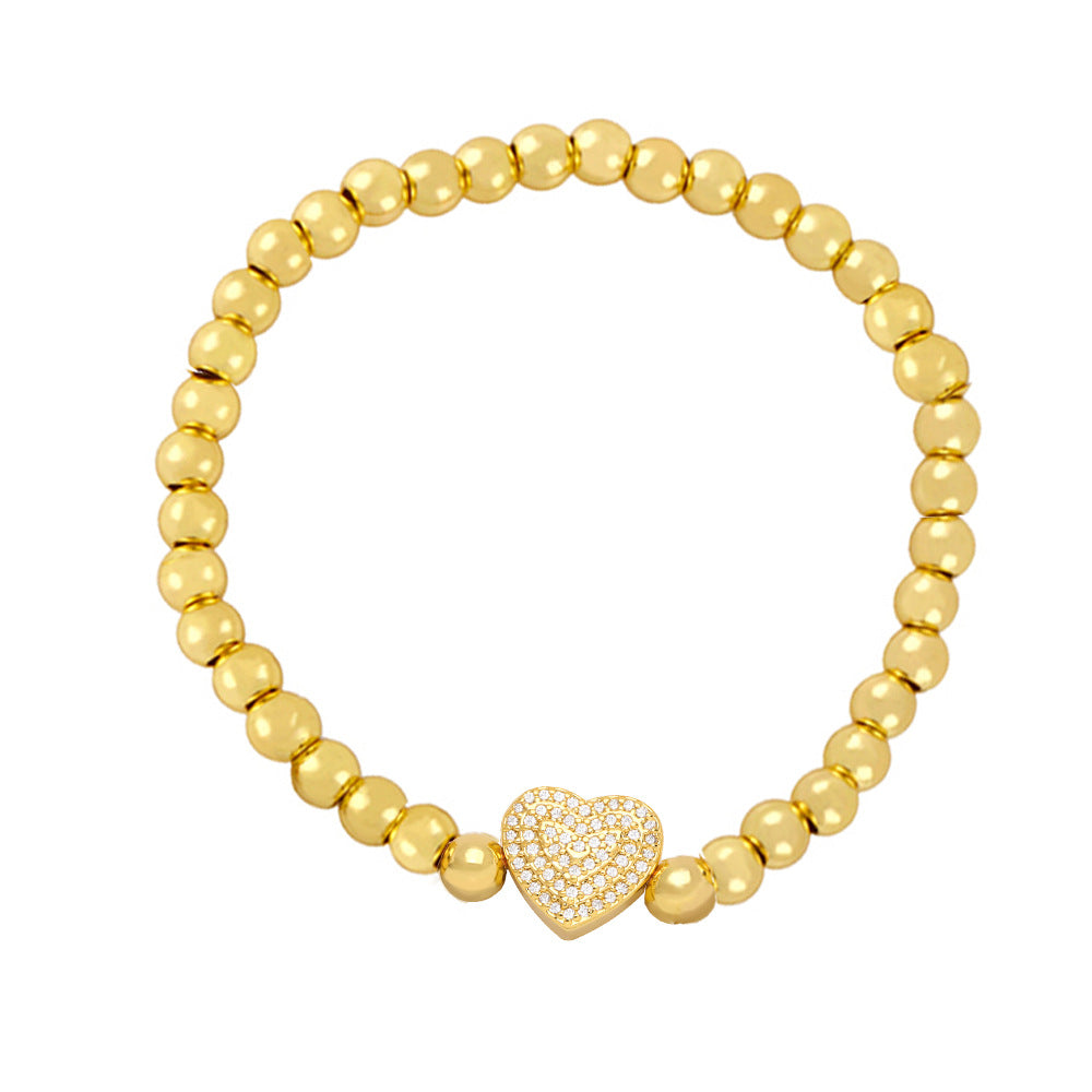 Fashion Zircon Heart & Gold Bead Copper Bracelet