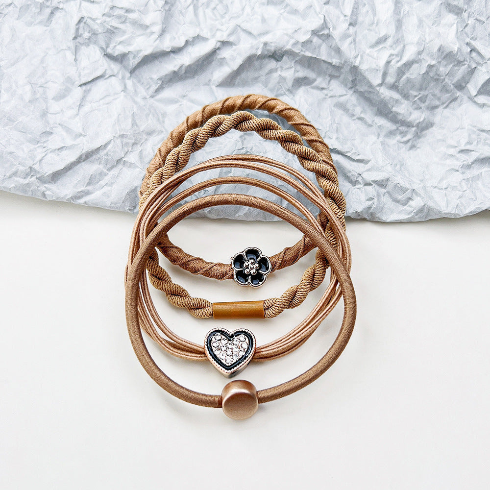 Women's Heart Shape Hair Tie Set - Milk Coffee Color Leather Bands & Floral Love Rings