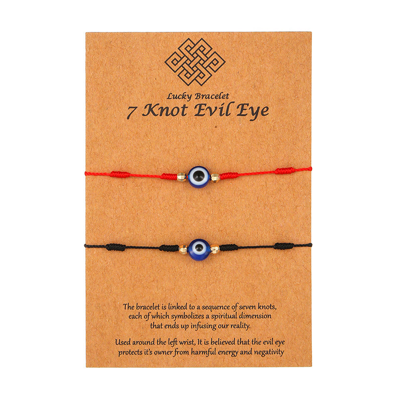 Halloween Demon Eye Braided Bracelet - Red & Blue 7-Knot Adjustable String for Couples