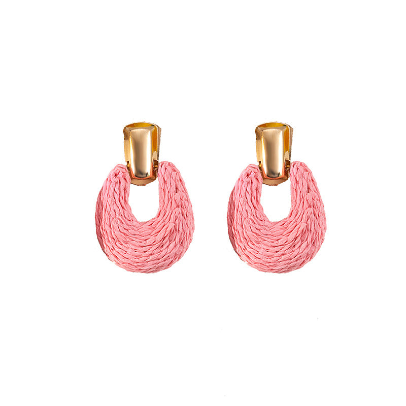 Retro Geometric Raffia Woven Drop Earrings