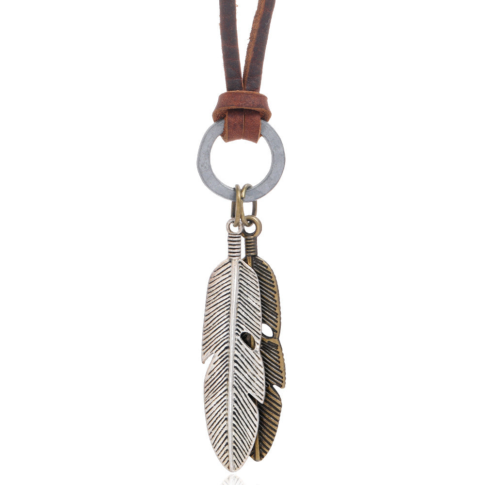 Hip-hop Retro Alloy Feather Adjustable Leather Necklace