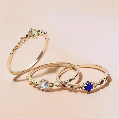 Minimalist U-Shape 18k Gold Plated Ring with Inlaid Moonstone and Lapis Lazuli