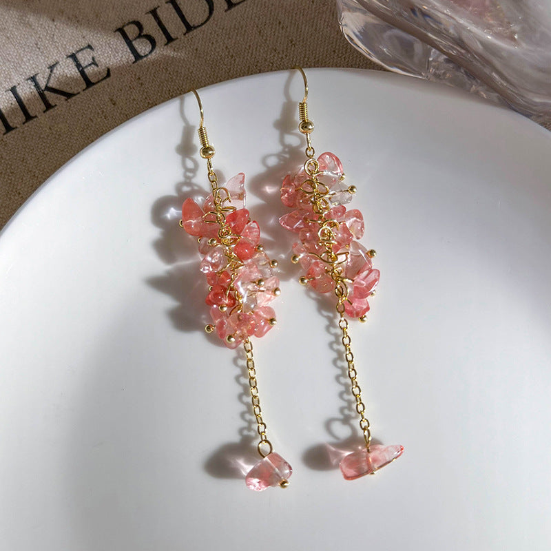 Elegant Irregular Alloy Drop Earrings with Pink Strawberry Crystal Tassels