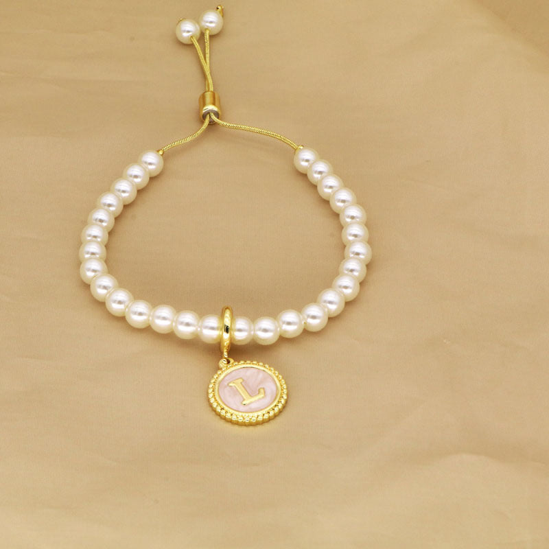 18K Gold Plated Adjustable Letter Pendant Imitation Pearl Bracelet