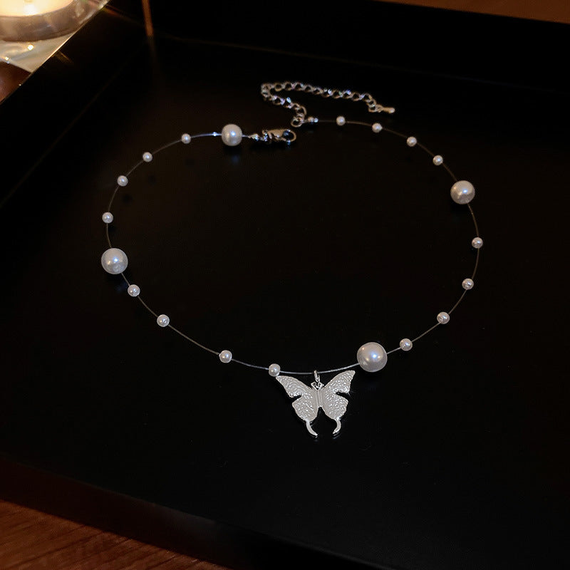 Elegant Korean Butterfly Rhinestone Pearl Choker Necklace