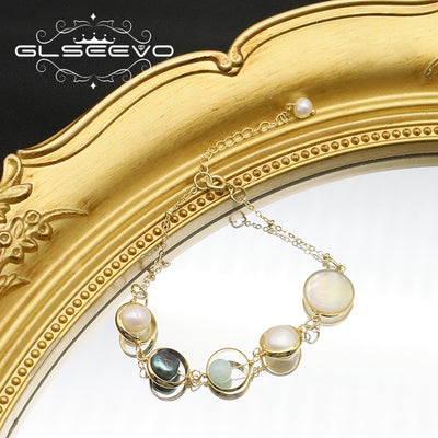 Vintage Color Block Freshwater Pearl 18k Gold Plated Sterling Silver Bracelet