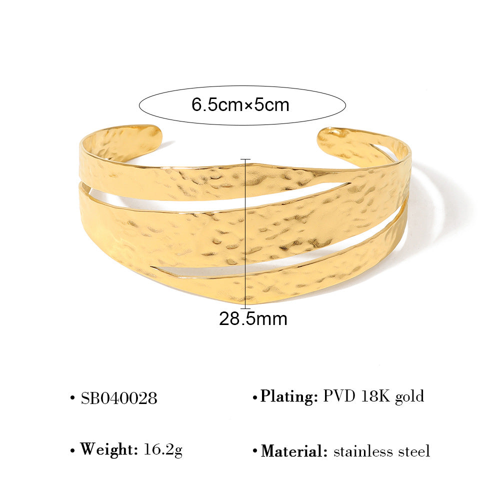 IG Style Vintage Geometric 18K Gold Plated Stainless Steel Bangle - Elegant Wide Face with Fine Cutout Design