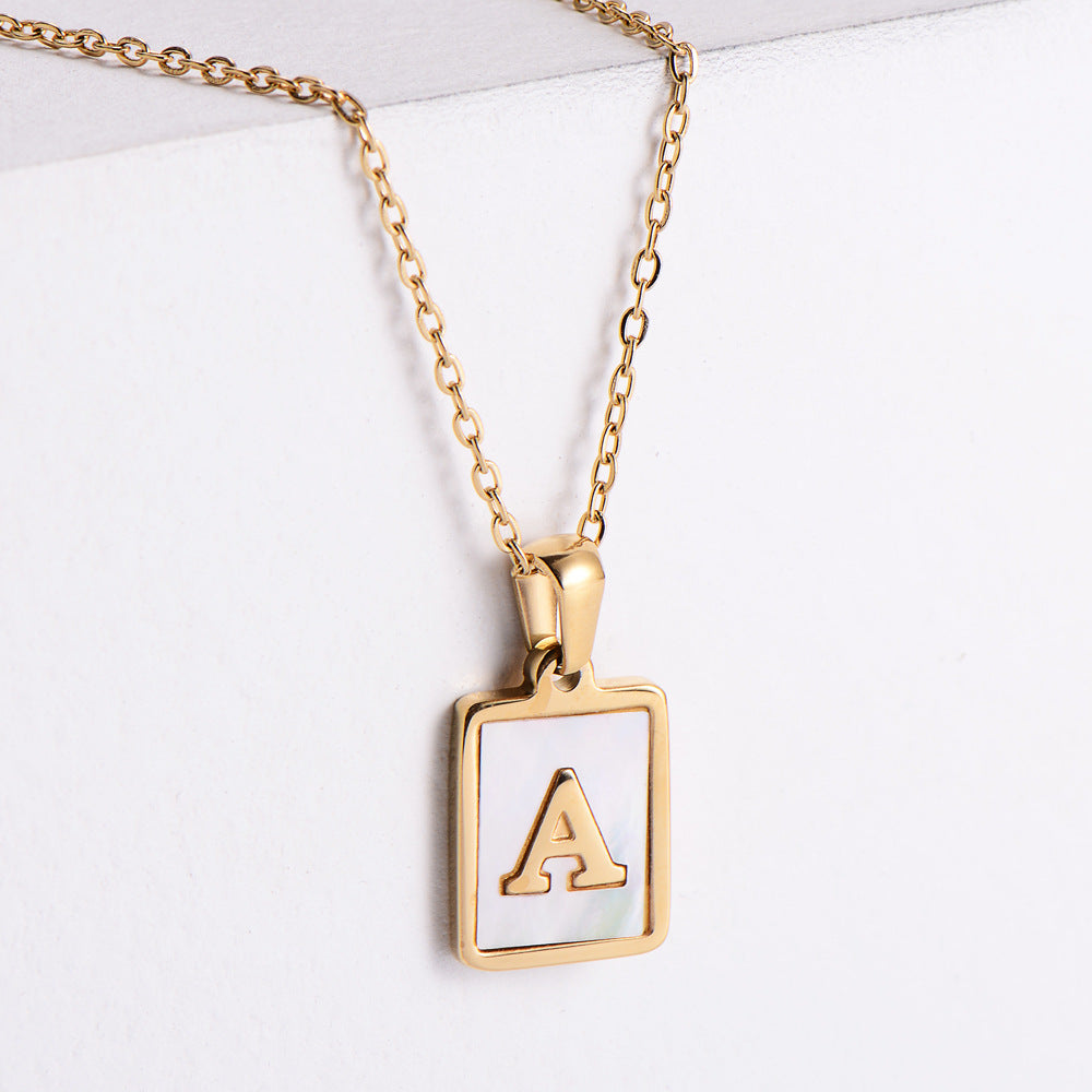 18k Gold Plated Stainless Steel Square Pendant White Shell Initial Necklace