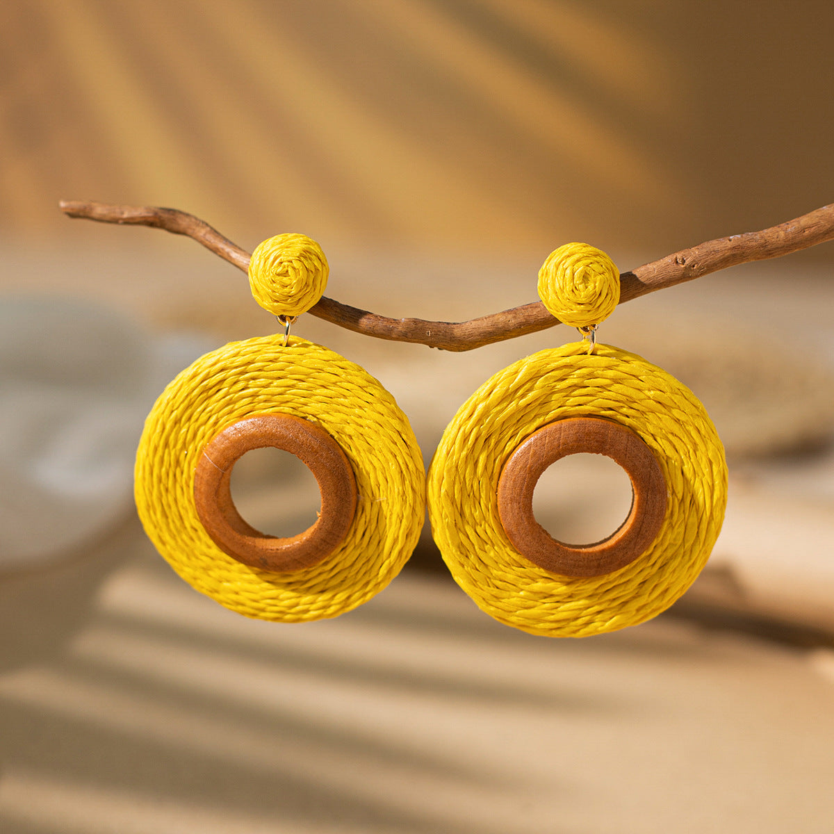 Bohemian Rattan Circle Braid Straw Drop Earrings for Vacation