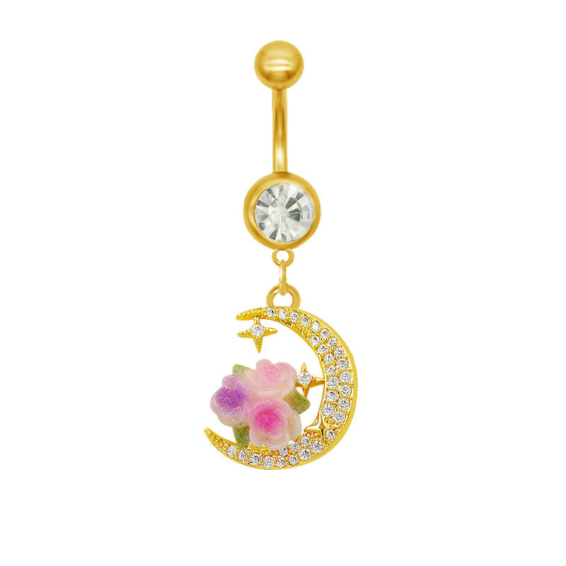 Moon Design Belly Ring - 316 Stainless Steel with Resin Rhinestones and Gold Plating