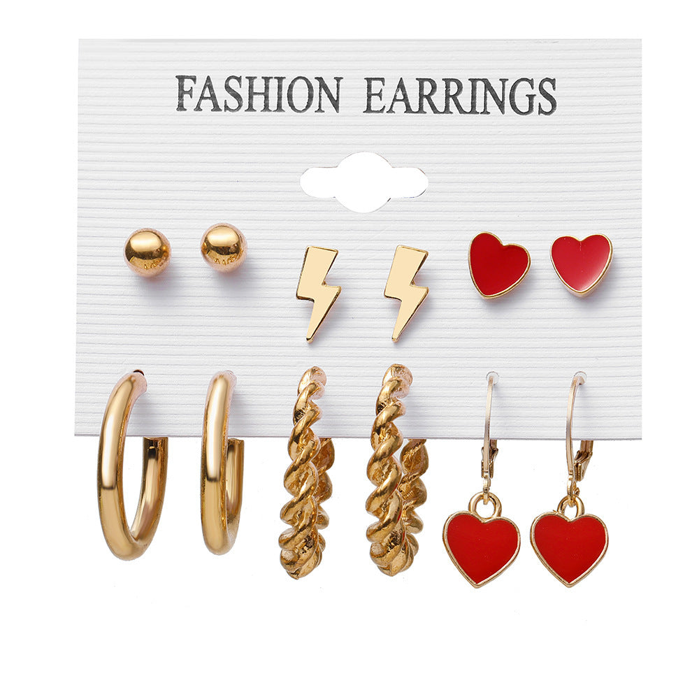 Retro Round Tassel Heart Shape Alloy Earrings Set - 5 Pairs