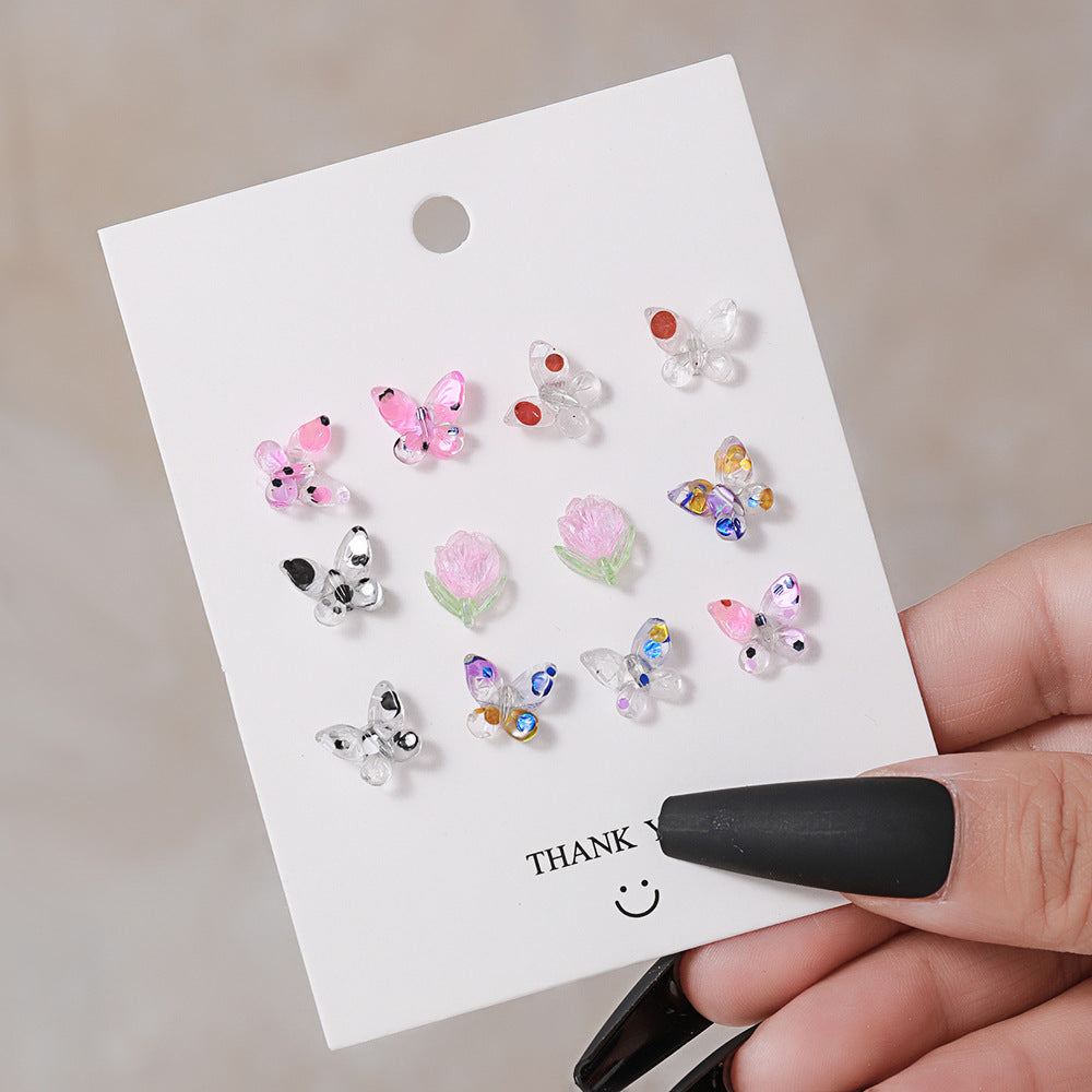 1 Set Colorful Resin Heart and Flower Stud Earrings - 6 Pairs Korean Style Jewelry for Women