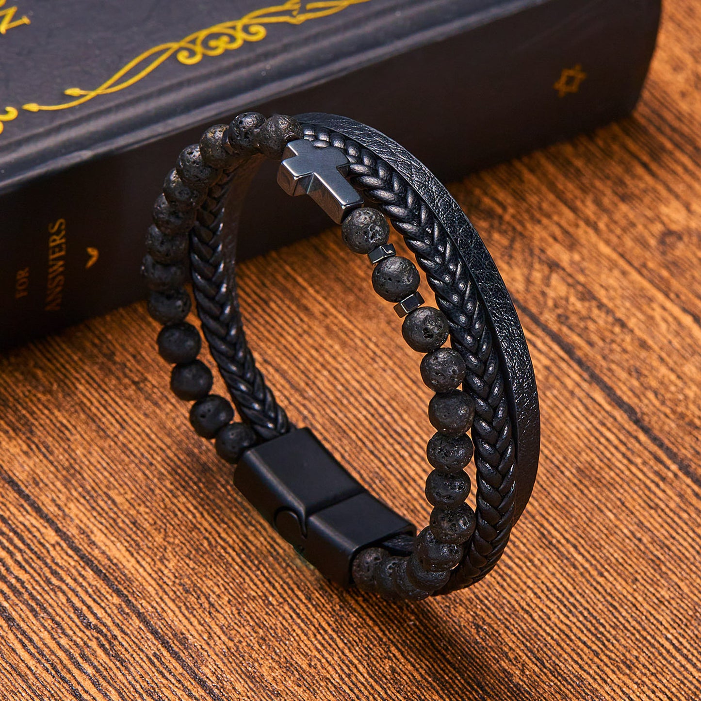 Hip-Hop Cross Alloy Men's Multi-Layer Leather Beaded Bracelet