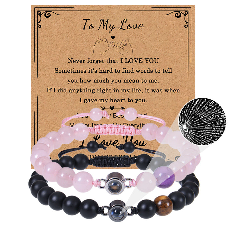 Romantic Heart Shape Natural Stone Projection Bracelets with 100 Languages Card Gift Set