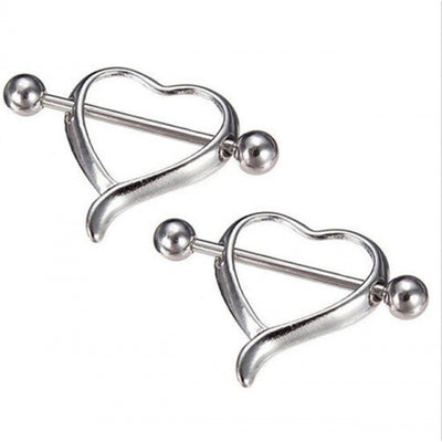 Heart Barbell Nipple Rings with Zircon Inlay - Stainless Steel & White Gold Plated