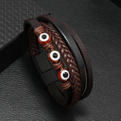 Retro Devil's Eye Leather Alloy Resin Men's Bracelet with Magnetic Clasp