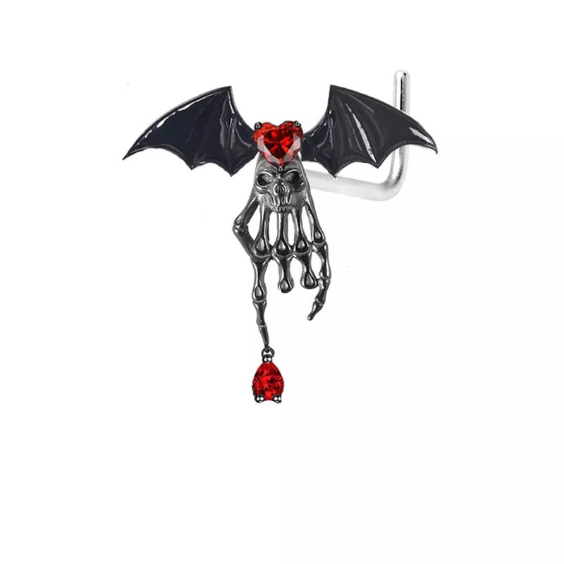 Gothic Bat Skull Stainless Steel Zircon Earrings and Heart Navel Ring Set