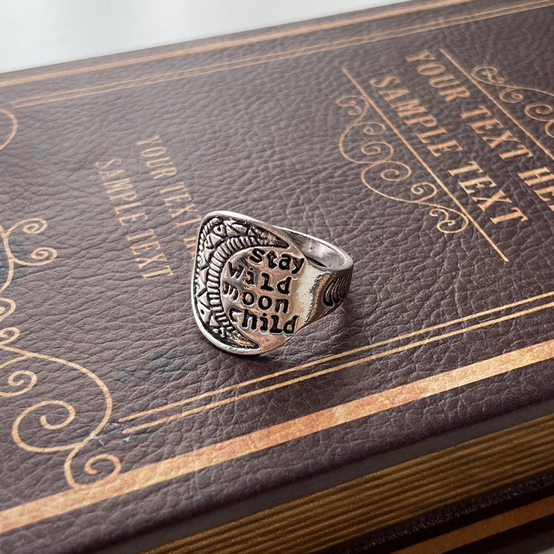 Geometric Metal Plated Earrings and Vintage Carved Moon & Snake Ring Set