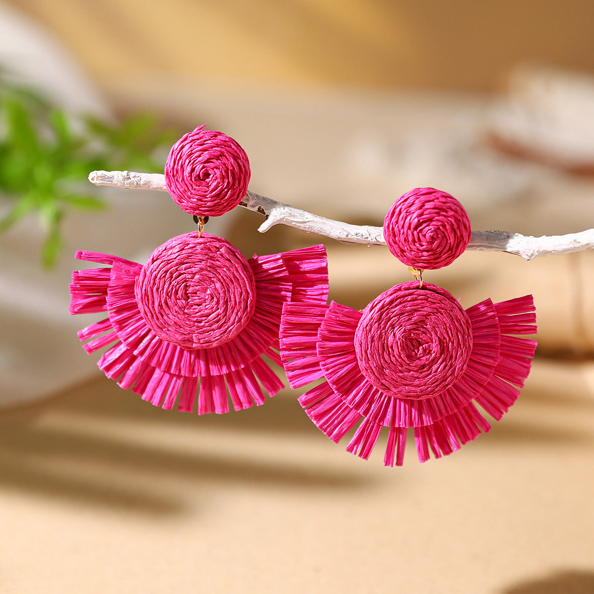 Bohemian Rattan Circle Braid Straw Drop Earrings for Vacation