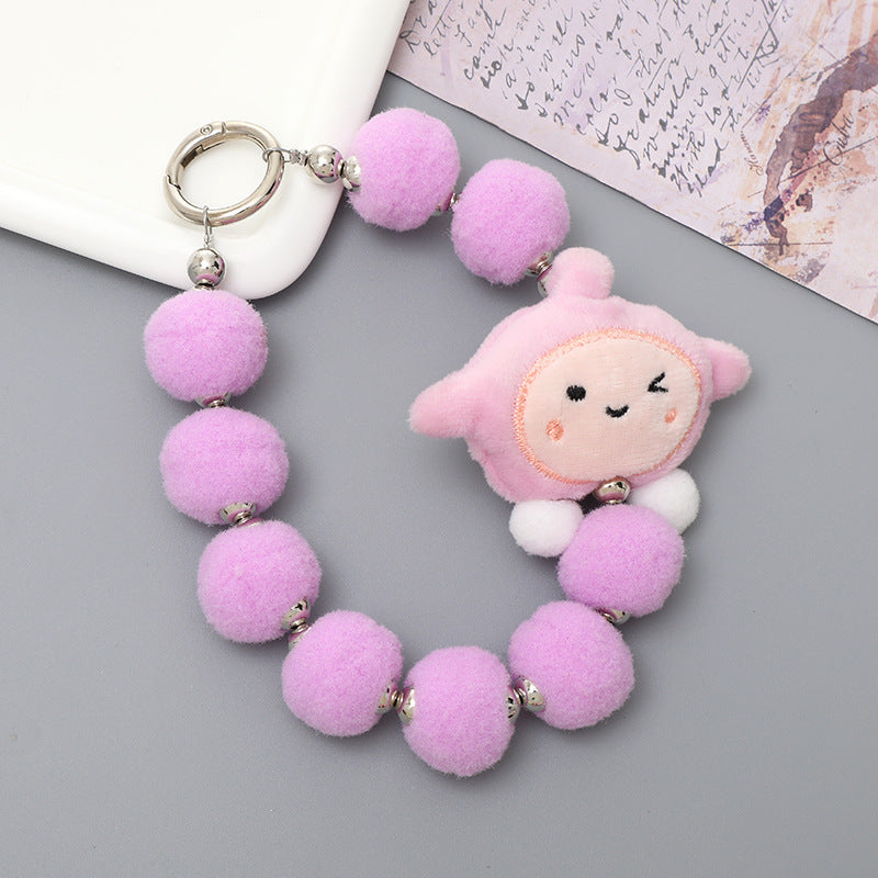 Sweet Flower Beaded Fur Ball Keychain and Phone Charm Bracelet